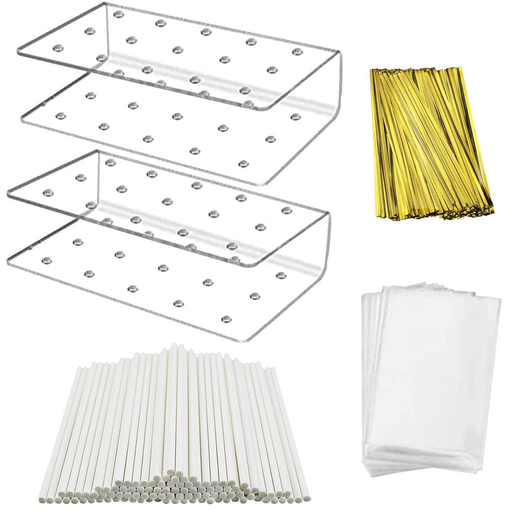 Acrylic Cake Pop Stand Display Holder with Lollipop Sticks, Treat Bags and Twist Ties for Candy Making