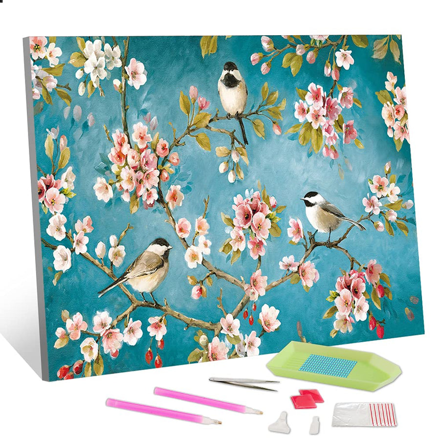 5D Diamond Painting Kits for Adults Beginner Flower, Birds in The Branches Full Drill Round Crystal Rhinestone Diamond Painting Art for Home Wall Decor Unique Gift (12 x 16 inch)