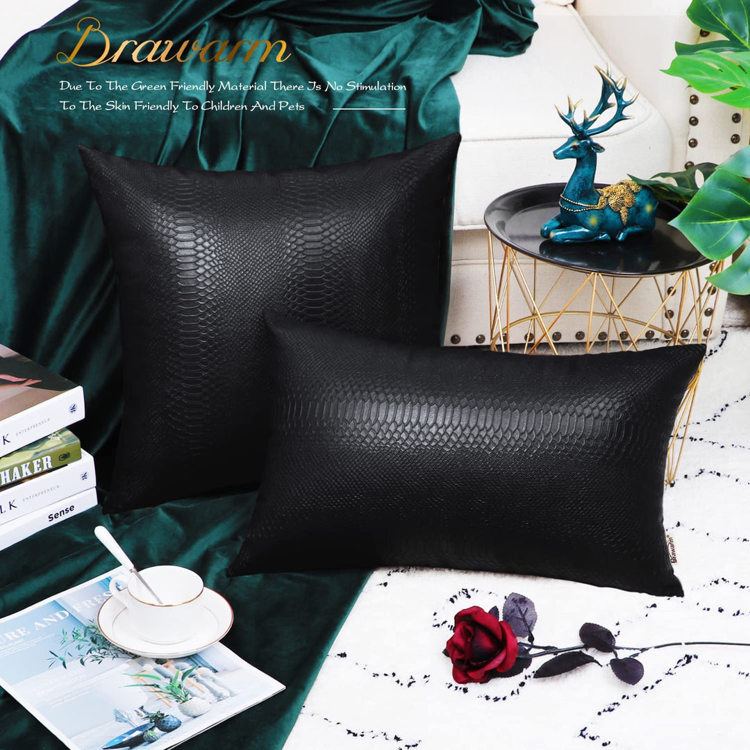 BRAWARM Faux Leather Pillow Covers 16 X 16 Inches, Black Leather Pillow Covers Pack of 2, Crocodile Leather Decorative Throw Pillows for Living Room Couch Bed Sofa Home