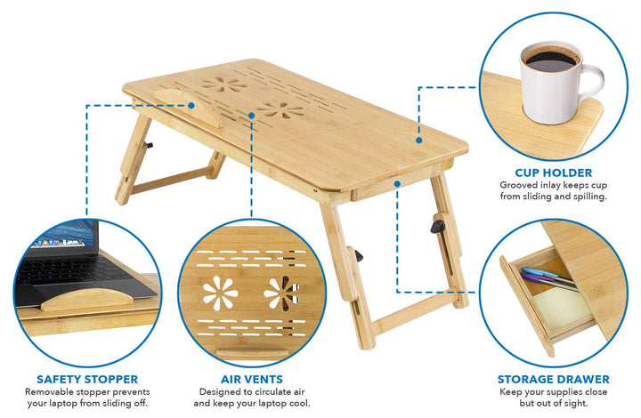 Laptop Bed Tray with Tilting Top and Pullout Storage Drawer | Adjustable Breakfast Table with Foldable Design | Eco-Friendly, Natural Bamboo Laptop Tray (MI-7212)