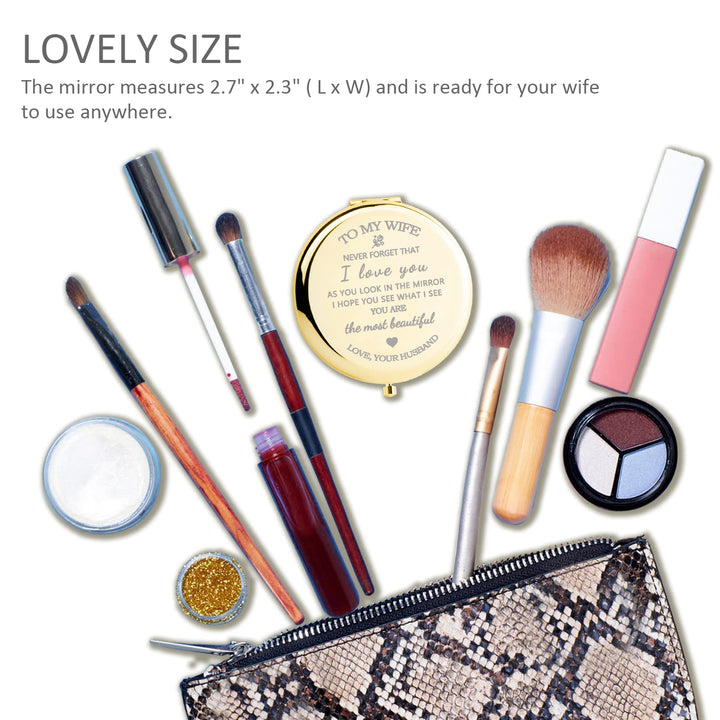 Gifts for Wife - I Love You Wife Gift Gold Compact Mirror for Her Birthday, Wedding, Valentines Day, Mothers Day, or Christmas