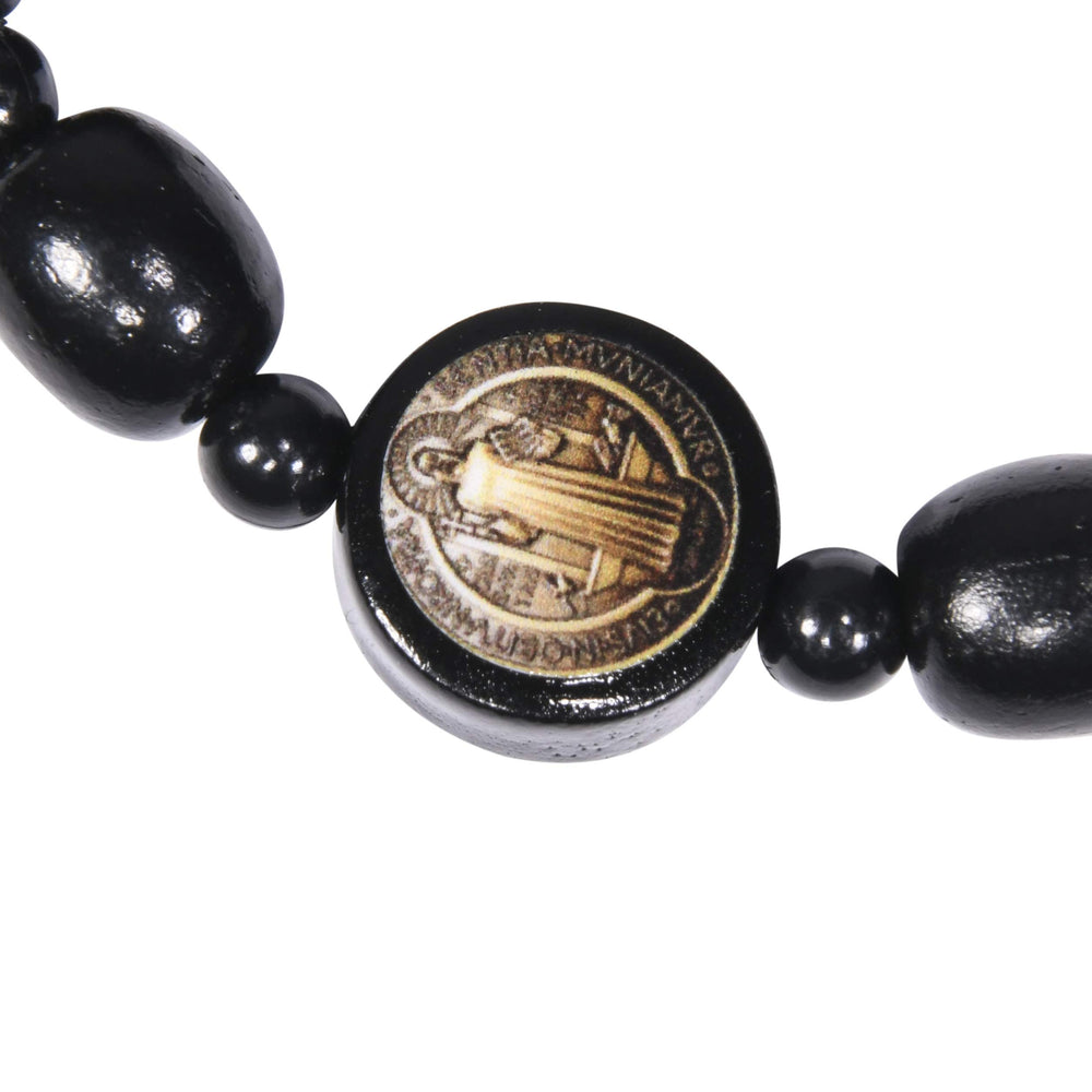 Catholic Religious Wear Elasticated Saint Benedict Wooden Beads Decade Rosary Stretchable Bracelet for Men and Women - Black