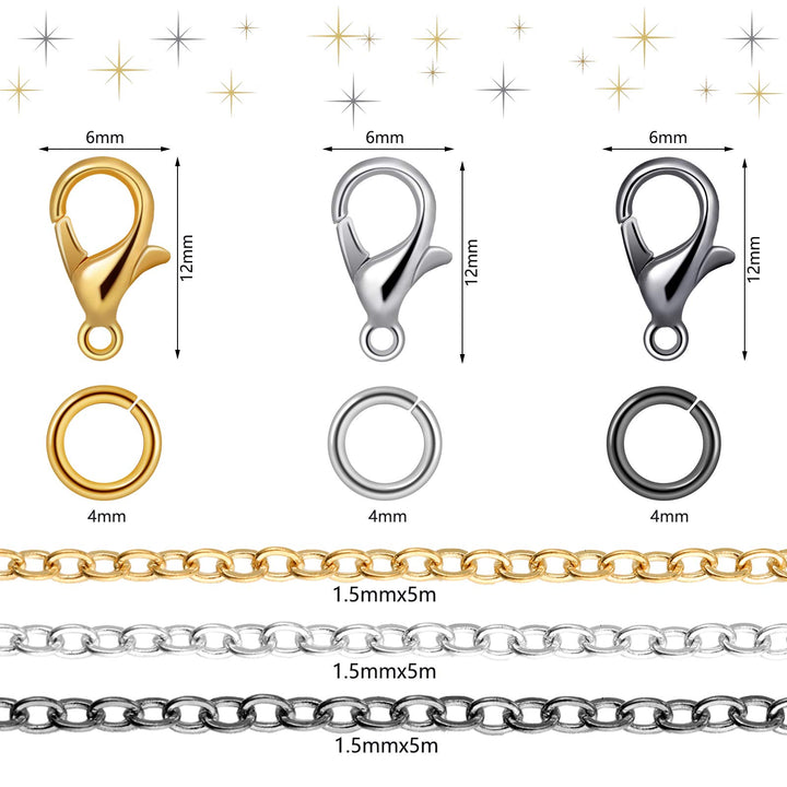 365 Pieces Jewelry Making Chains Set, 50 Feet Stainless Steel Link Chains, 300 Jump Rings 60 Lobster Clasps with Curved Tweezers and Brass Jump Ring Opener for DIY Jewelry Necklace Bracelet Crafts