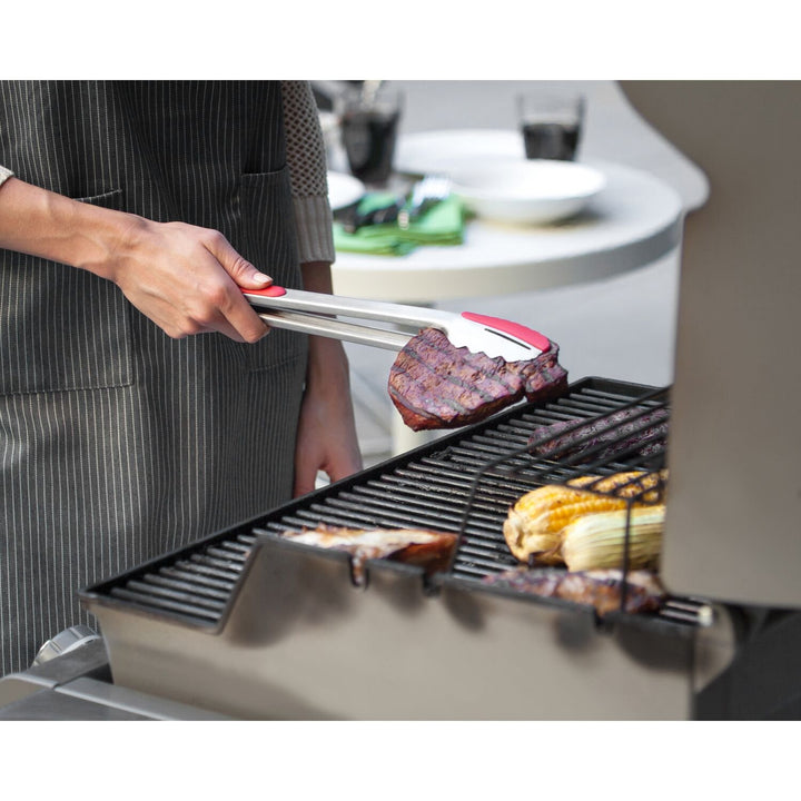 Locking BBQ Grilling Tongs with Stainless Steel and Silicone Heads, 15-Inch, Silver