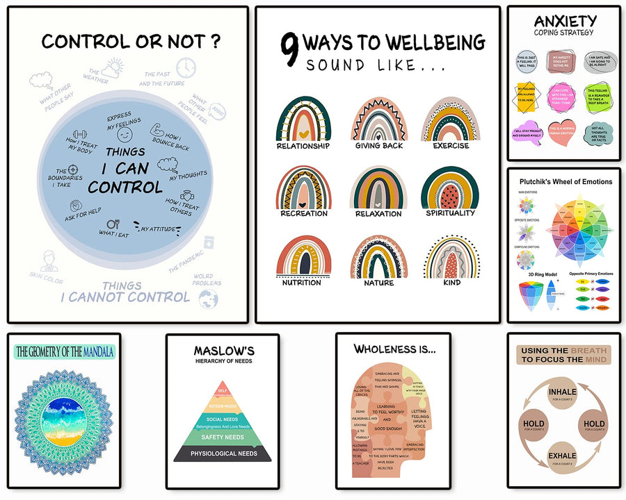 8 PCs Mental Health Posters Anxiety Therapy Office Decor, School Counselor Supplies Inspirational Psychologist Posters for Classroom, Therapist Counseling Office Wall Art Decor, 11 x 14 Inch