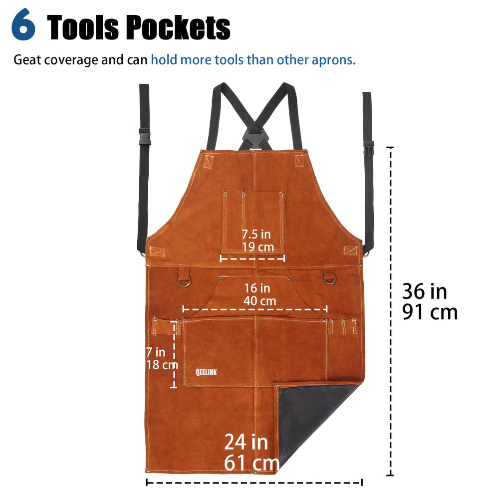 Leather Welding Work Shop Apron with 6 Tool Pockets, Heat & Flame Resistant Cowhide Heavy Duty Blacksmith Apron, 24 x 36, Adjustable M to XXXL for Men & Women (Brown)