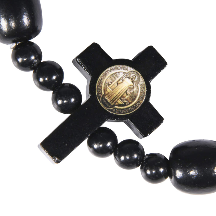 Catholic Religious Wear Elasticated Saint Benedict Wooden Beads Decade Rosary Stretchable Bracelet for Men and Women - Black