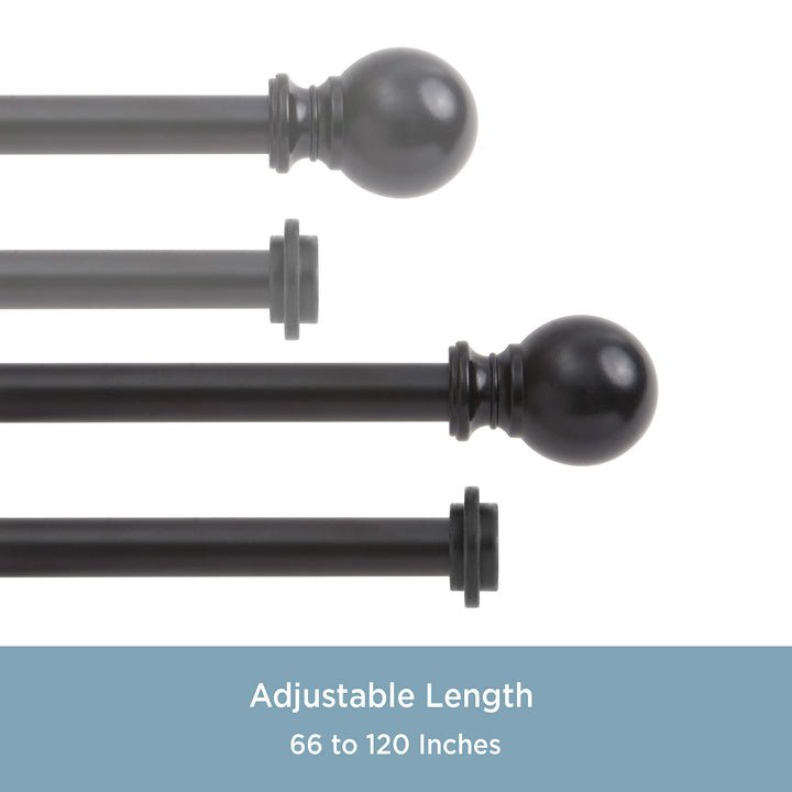 KN75918 Ball End Standard Decorative Window Double Curtain Rod, 66-120 Adjustable Length, Matte Black Finish, 5/8 Diameter Steel Tubes