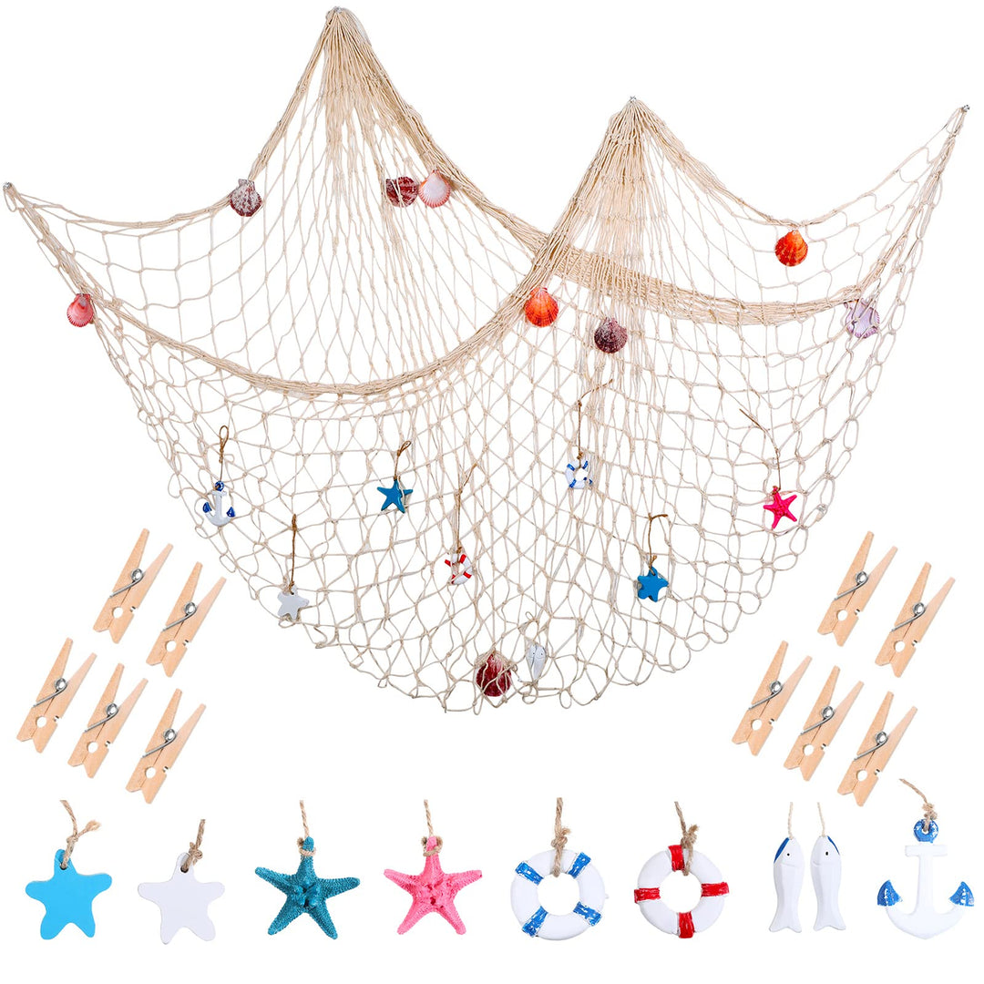 28 Pcs Fishnet Decorative Nature Fish Net Wall Decoration Set 79 x 59 Inch Nautical Fishing Net Hanging Decor, 9 Sea Shells, 4 Starfish, 2 Life Ring, Fish, Anchor, 10 Clips for Party (White)