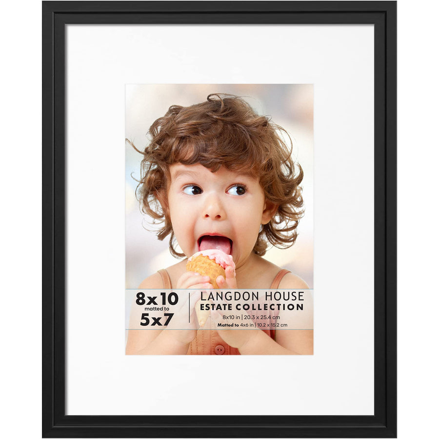 5x7 Black Picture Frame w/Removable Mat to 4x6, Modern Step-Down Molding, Tabletop Easel Included, Estate Collection