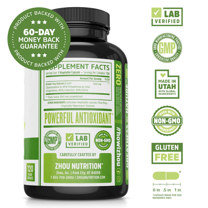 Zhou Nutrition Green Tea Extract Supplement - Green Tea &amp; ECGC for Women &amp; Men, Clean Caffeine Energy, Antioxidant Support, 500mg Per Serving - 120 Vegan Friendly Capsules