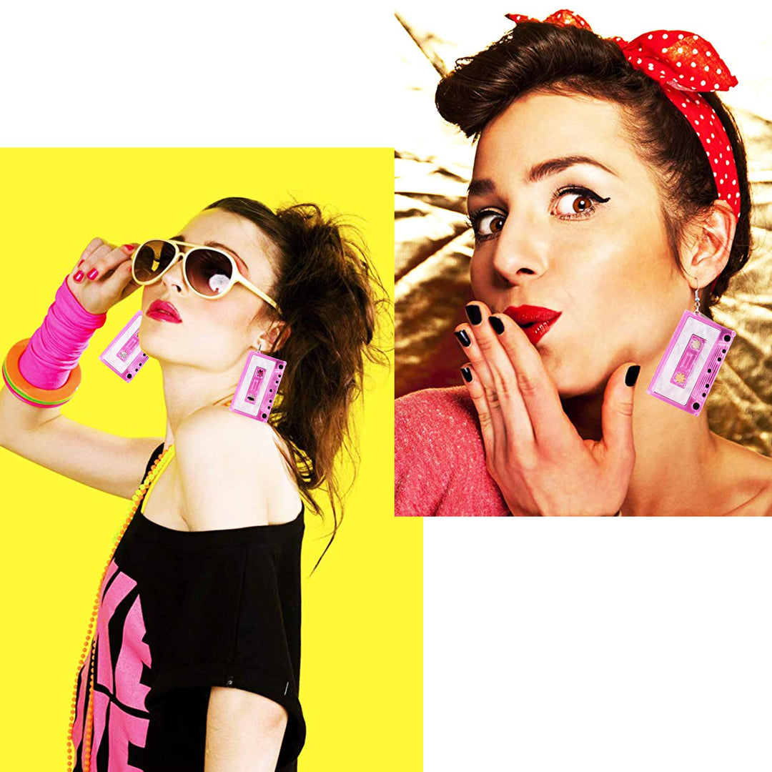 ® 1980s Fashion Acrylic Earrings for 80’s Party Women Punk Retro Cassette Crush Colorful Drop Dangle Party Night Club Pretty (Pink)