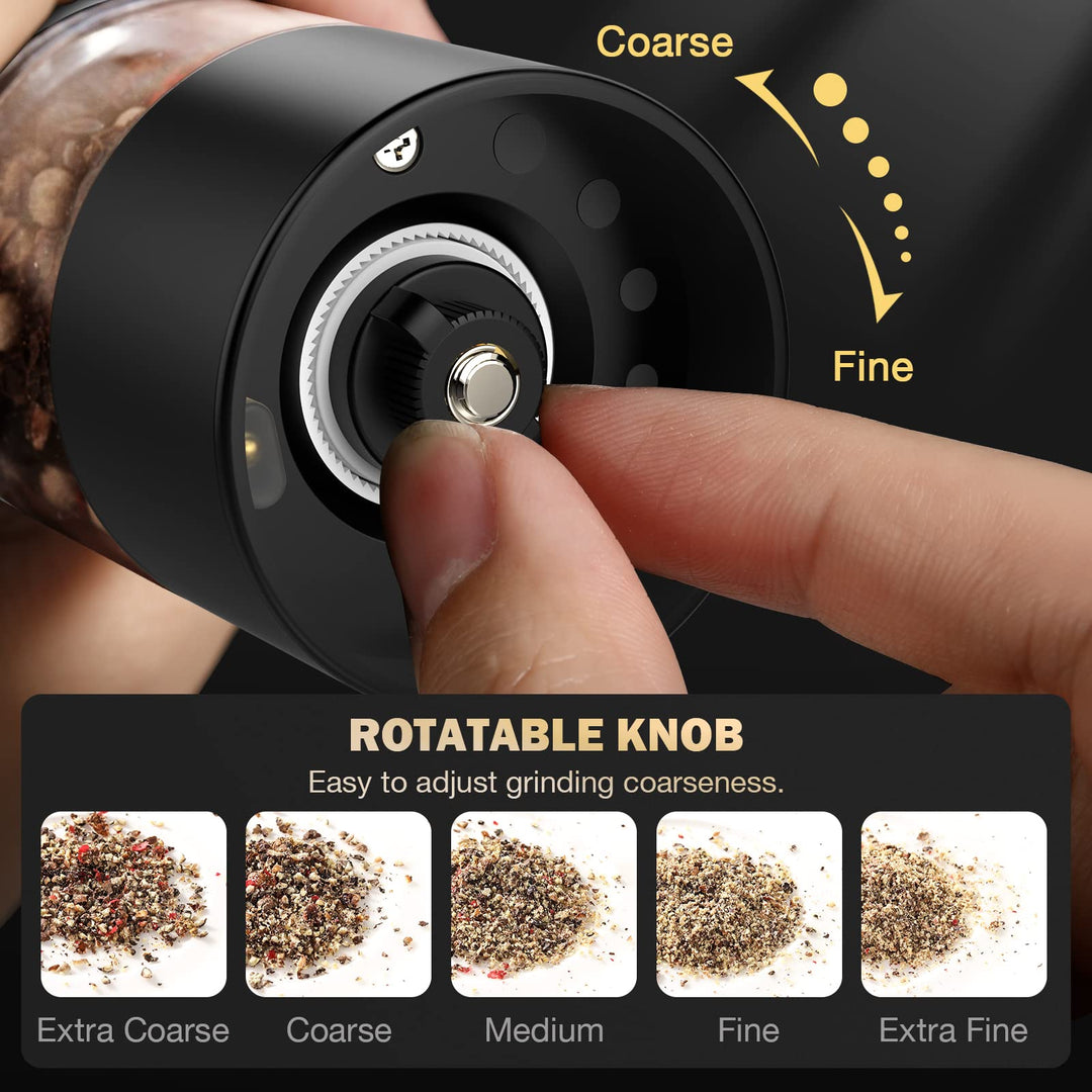 Electric Salt and Pepper Grinder Set Rechargeable, Stainless Steel Salt and Pepper Grinder Mill Set with Adjustable Coarseness, Automatic One Hand Operation, Modern Style, Black, 2 Pack