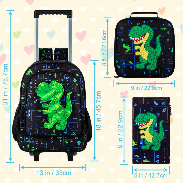 3PCS Rolling Backpack for Girls, Kids Roller Wheels Bookbag, Wheeled School Bag with Lunch Bag - Unicorn Pink