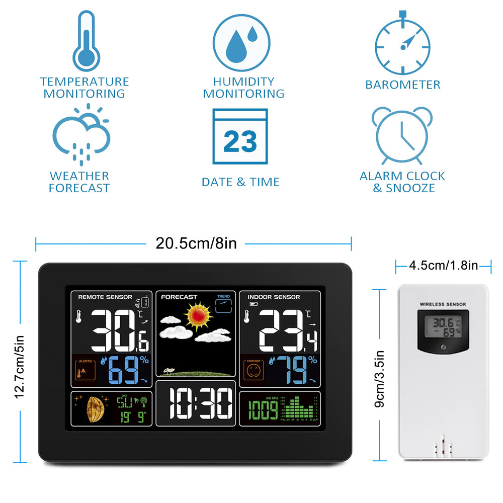 Home Weather Stations Wireless Indoor Outdoor Thermometer, Portable Digital Weather Clock Atomic, Bluetooth Color Forecast Station Estacion Meteorologica Weather Monitor with Alarm