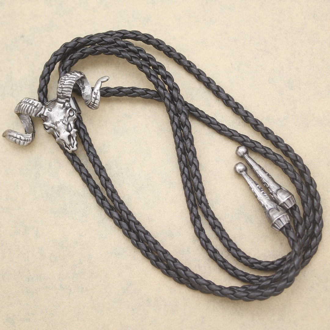 Vintage Silver Western Big Horn Sheep RAM Goat Skull Leather Rodeo Bolo Bola Tie Necktie