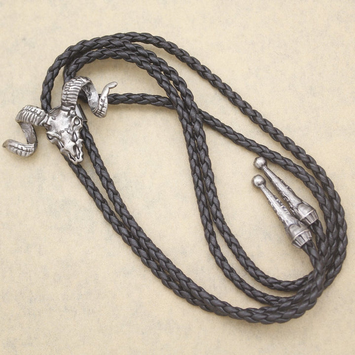 Vintage Silver Western Big Horn Sheep RAM Goat Skull Leather Rodeo Bolo Bola Tie Necktie