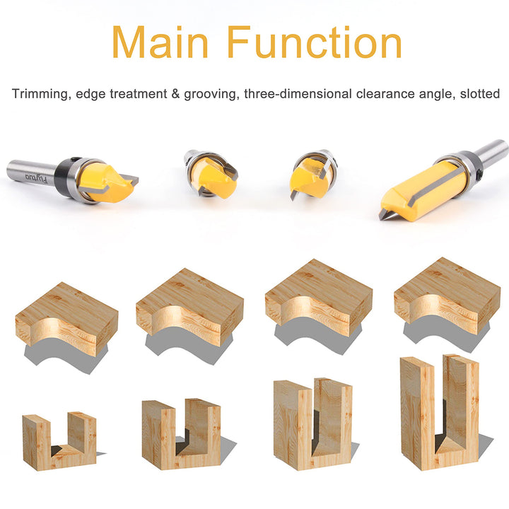 4PCS Pattern Flush Trim Router Bits Set 1/4 Shank, Carbide Top Bearing Flush Trim Router Bits, Template Guide Woodworking Milling Cutter Tool(Cutting Dia: 1/2)