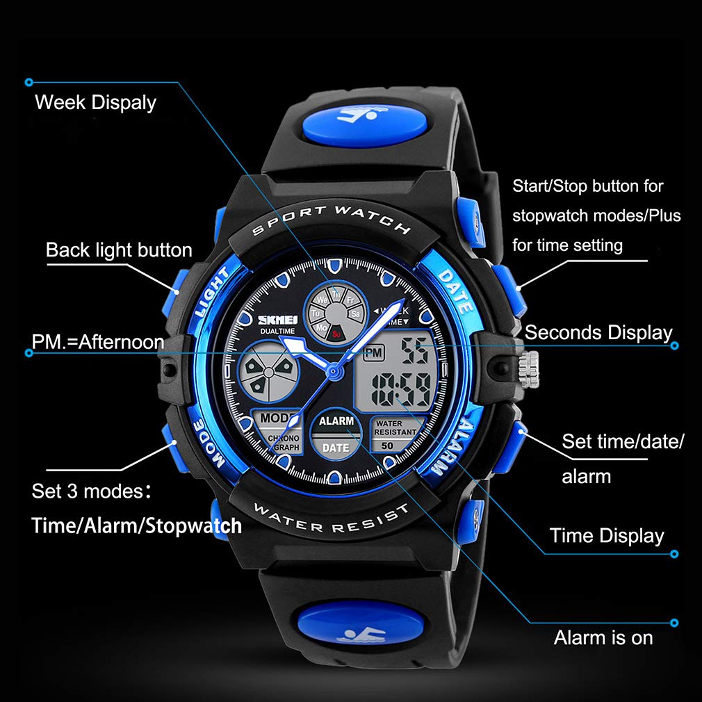 Kids Sports Watch Waterproof Boys Multi-Function Analog Digital Wristwatch LED Alarm Stopwatch Blue