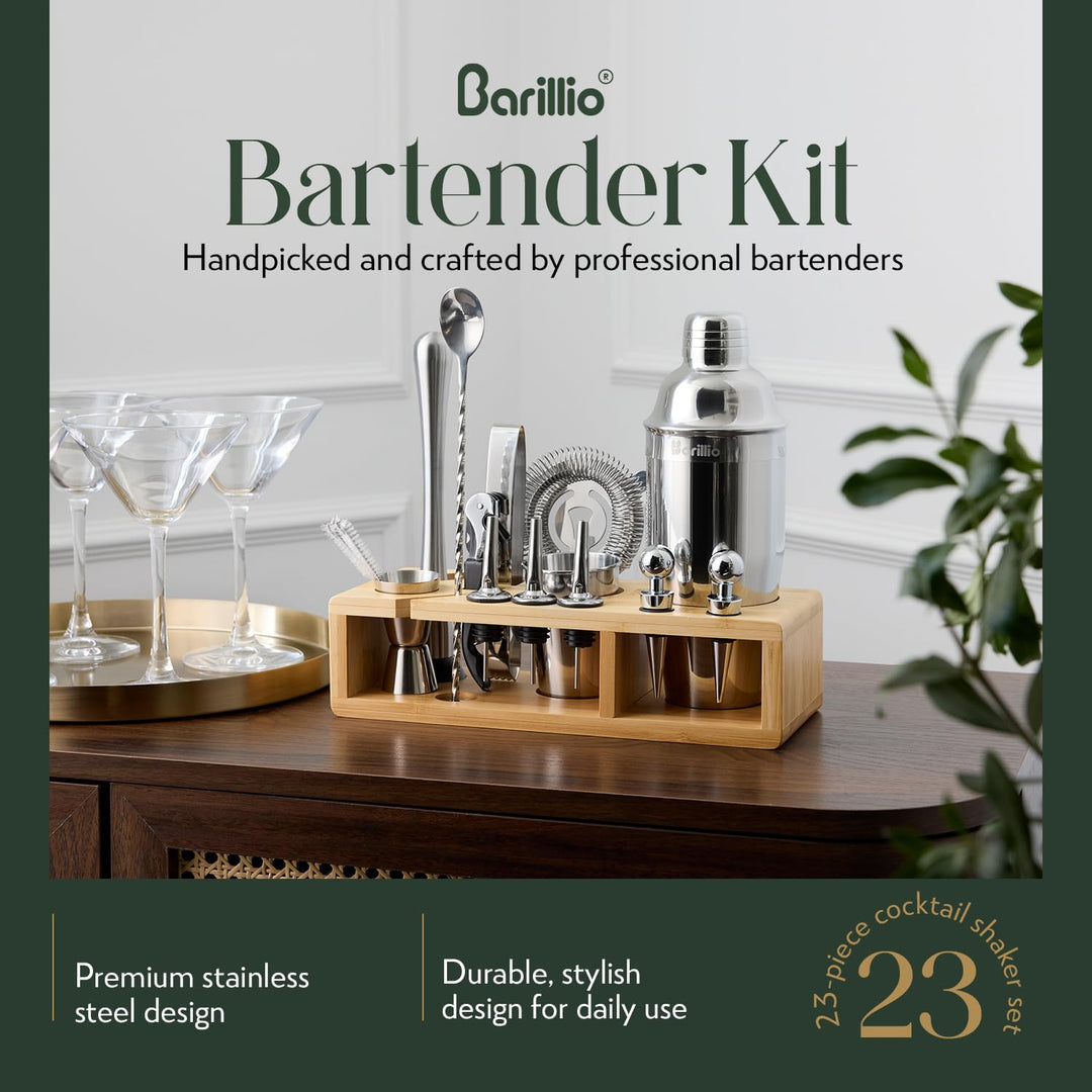 Barillio Bartender Kit - Stainless-Steel Cocktail Shaker Set w/Bamboo Stand - Mixology Bar Tools w/Drink Shaker, Mixer Spoon &amp; Muddler for Cocktails - Home Bar Accessories - 23-Pc Bar Set - Silver