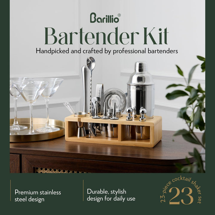 Barillio Bartender Kit - Stainless-Steel Cocktail Shaker Set w/Bamboo Stand - Mixology Bar Tools w/Drink Shaker, Mixer Spoon &amp; Muddler for Cocktails - Home Bar Accessories - 23-Pc Bar Set - Silver