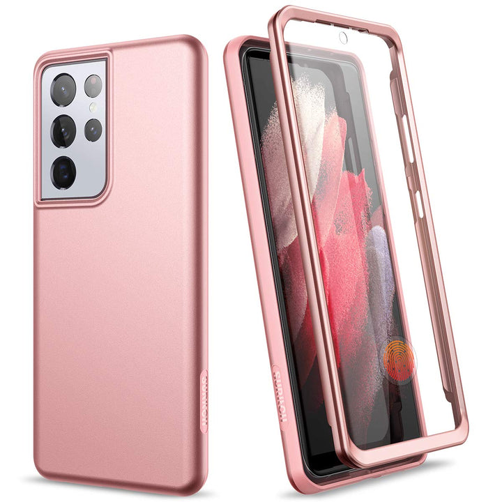 for Samsung Galaxy S21 Ultra Case, [Built-in Screen Protector] Full Body Protection Shockproof Rugged Bumper Slim Soft Silicone Protective Cover for Galaxy S21 Ultra 6.8 Inch (Rose Gold)