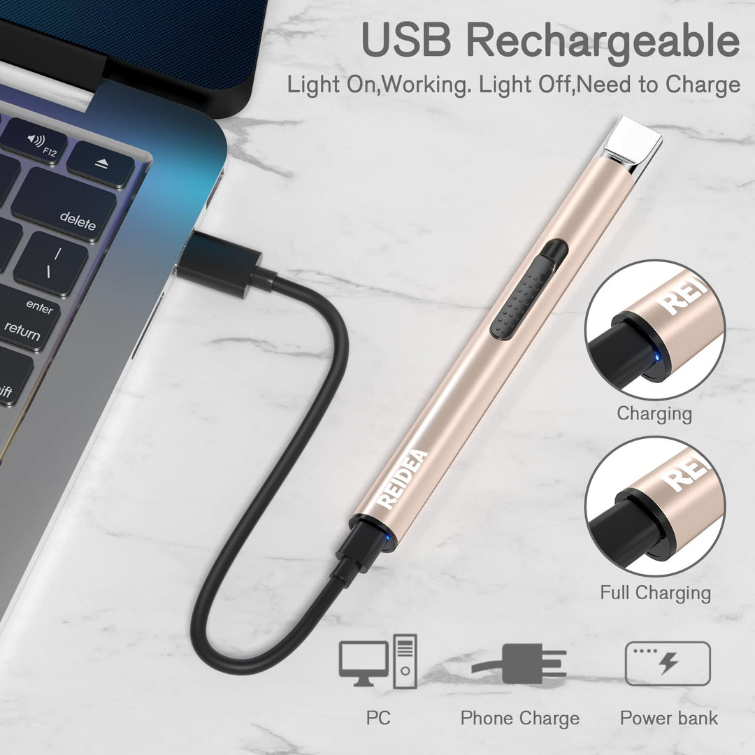 REIDEA Lighter 2 Pack Electronic Candle Lighter Arc Windproof Flameless USB Rechargeable Lighter with Safe Button for Home Kitchen (Champagne and Rose Gold)