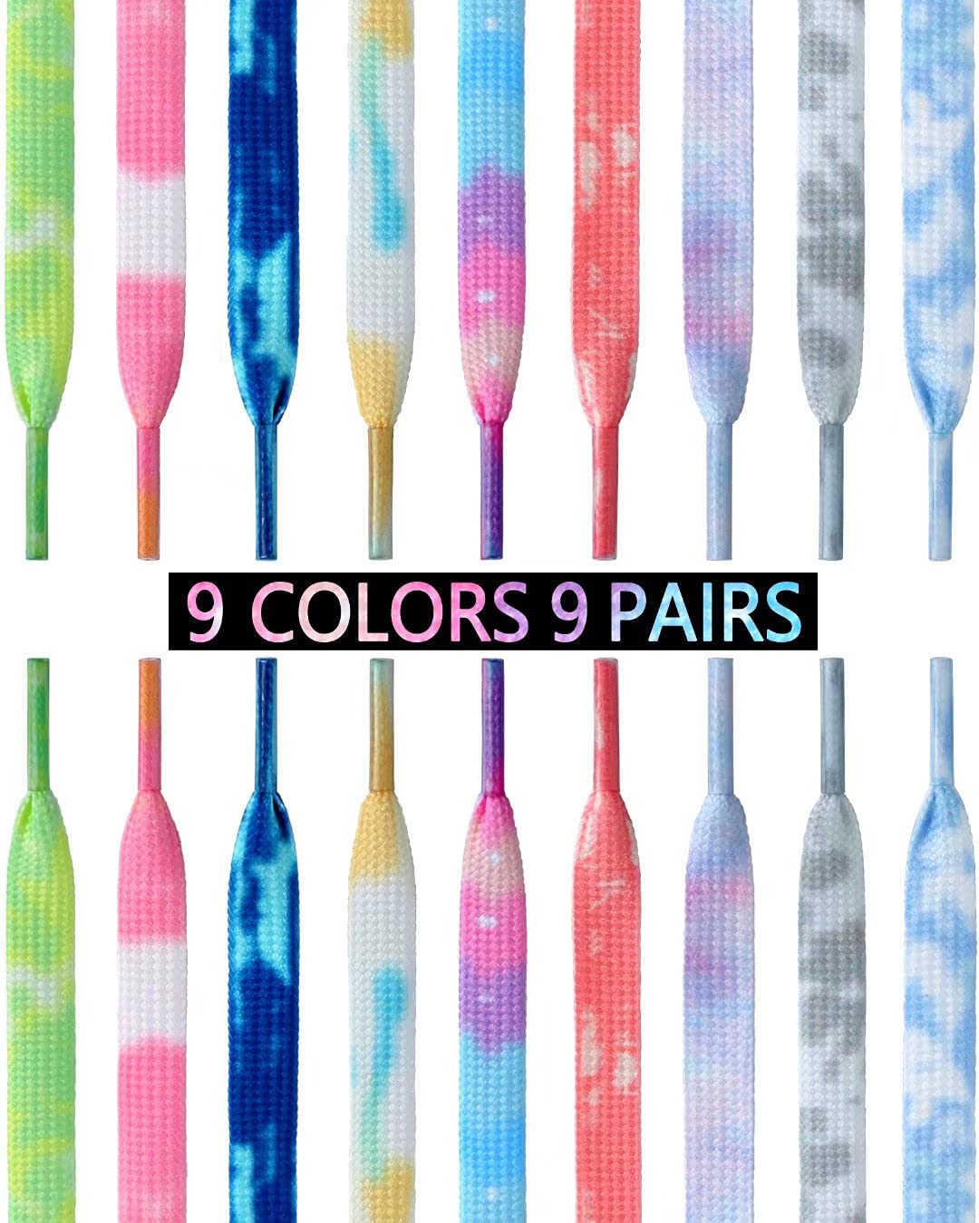 9 Pairs Tie Dye Shoelaces Gradient Colors Shoe Laces in for Tie Dye Sports Shoes Boots Sneakers Skates(46inch)