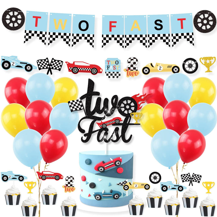 Race Car Two Fast Party Decorations Supplies Racing Theme 2nd Birthday Party Banner Race Car Second Birthday Cake Topper Checkered Flags Balloons for Let&#39;s go Racing Theme Sports Event Party Supplies