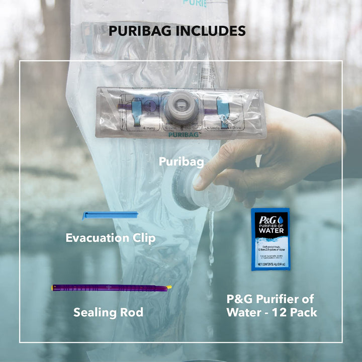 Puribag Gravity Water Filter - Portable Water Filtration System and Backpacking Water Filter for Camping, Hiking and Emergency Water Treatment - Hangs Anywhere
