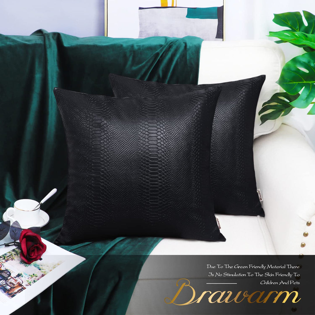 BRAWARM Faux Leather Pillow Covers 16 X 16 Inches, Black Leather Pillow Covers Pack of 2, Crocodile Leather Decorative Throw Pillows for Living Room Couch Bed Sofa Home