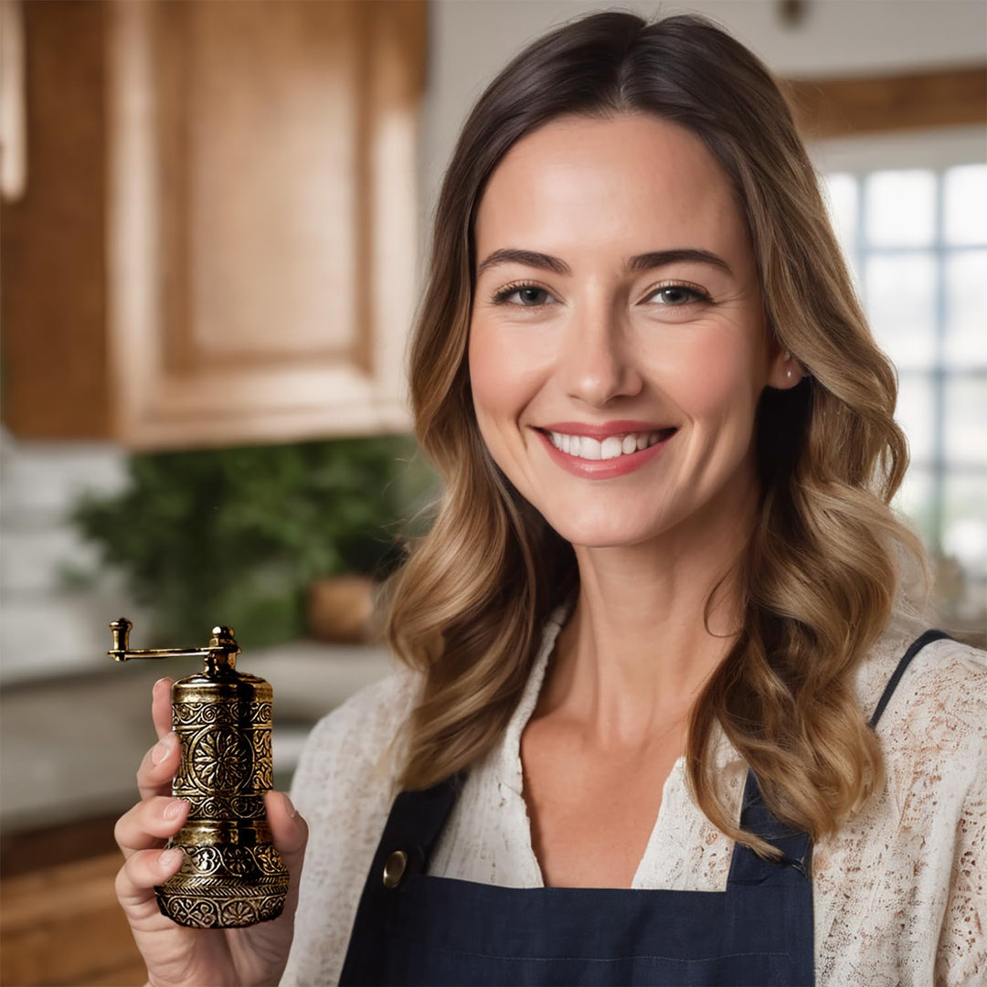 Turkish Pepper Mill Grinder Refillable Spice 4.2 Manual Crank Handle (Antique Gold)