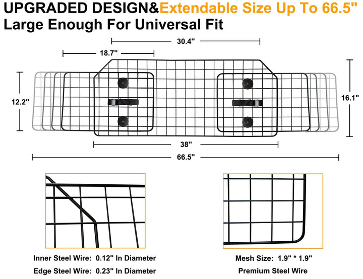 38-66.5 Inches Dog Car Barrier for SUVs, Van, Vehicles, Adjustable Large Pet Barriers, Universal Fit Heavy-Duty Wire Mesh Dog Guard, Pet Divider Gate for Truck Cargo Area, Safety Car Divider