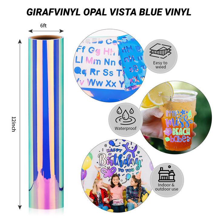 Vista Blue Holographic Opal Vinyl - 12 Inch X 6 Feet Blue Vinyl Permanent for Home Decoration, Opal Hyacinth Blue