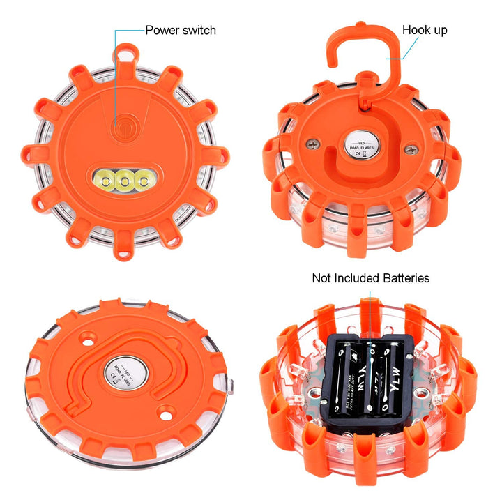 [8 Pack] LED Road Flares Safety Flashing Warning Light Roadside Emergency Disc Beacon Kit for Vehicles Boats with Magnetic Base &amp; Hook, Premium Storage Bag (Batteries Not Included) (8)