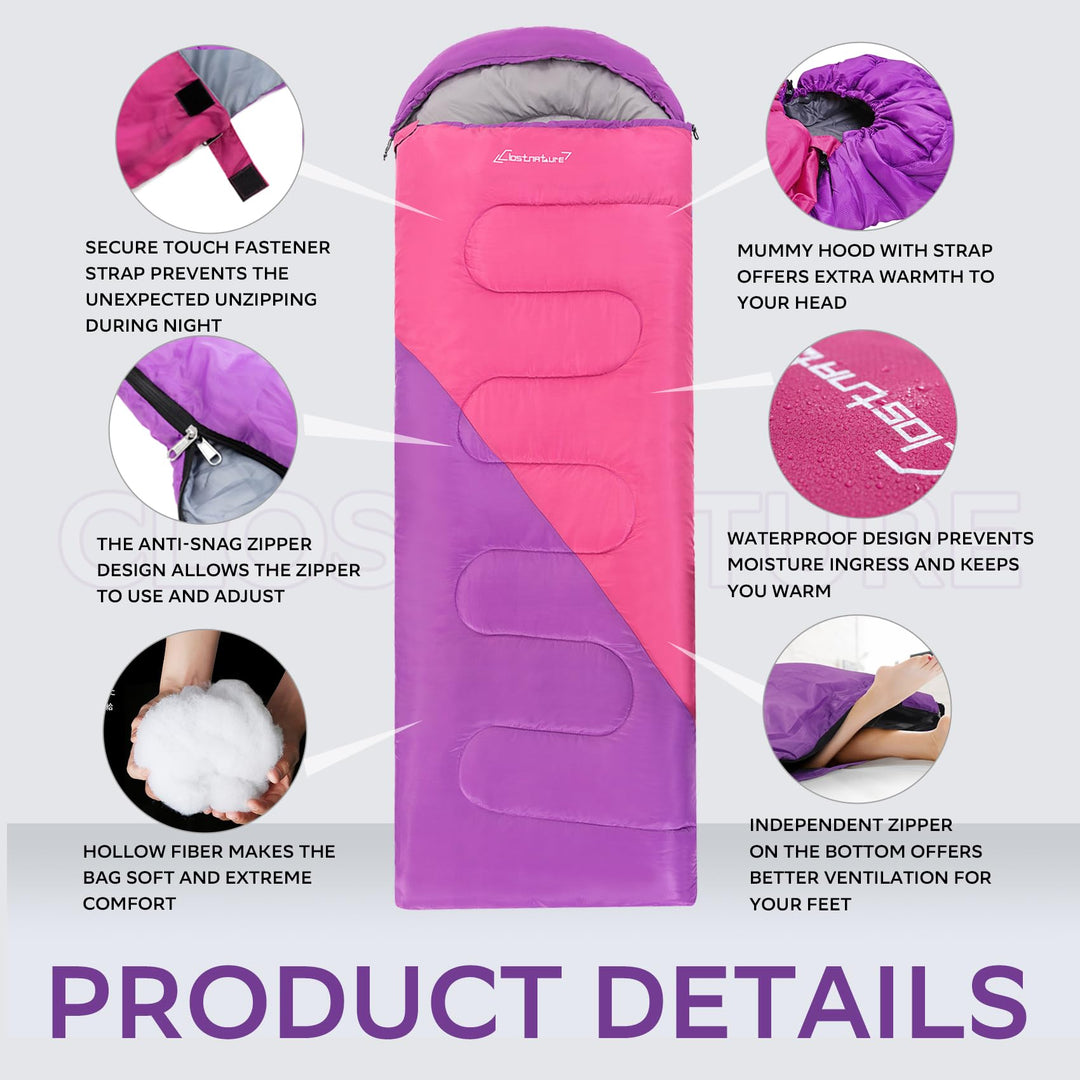 Sleeping Bag for Adults and Kids - Lightweight Camping Sleeping Bag for Girls, Boys, Youths, Ultralight Backpacking Sleeping Bag for Cold Weather - Compression Sack Included(Right Zipper)
