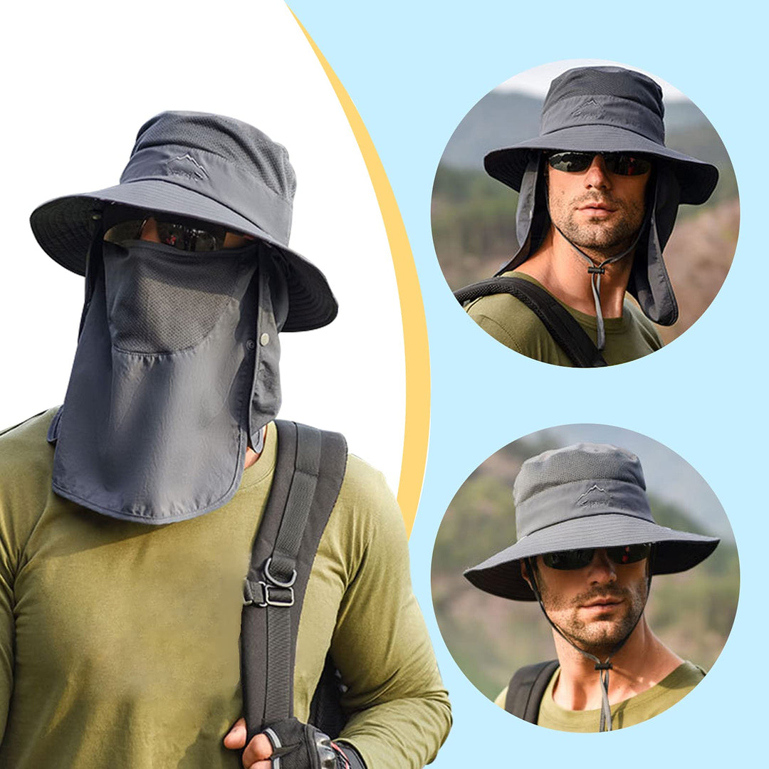 Fishing Hat for Men &amp; Women, Outdoor UV Sun Protection Wide Brim Hat with Face Cover &amp; Neck Flap Dark Grey