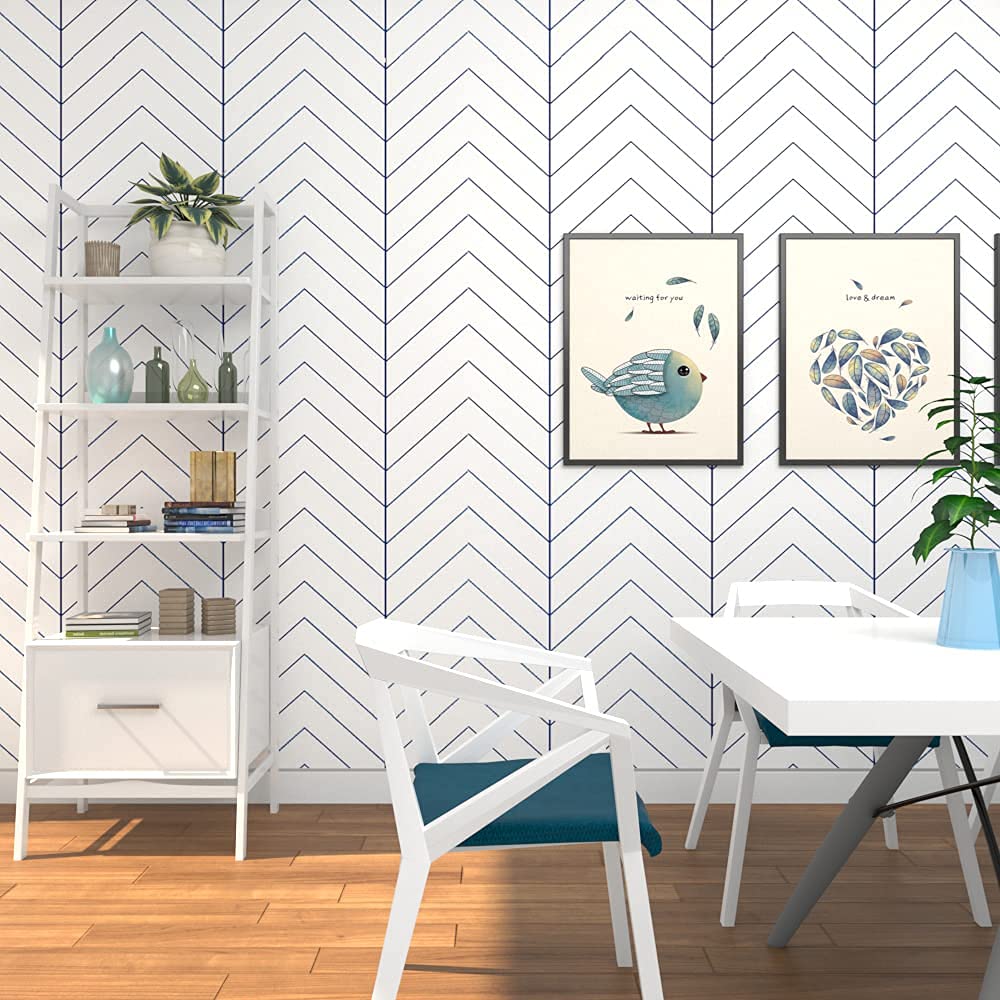 Peel and Stick Wallpaper Boho Wallpaper Modern Stripes Wallpaper for Bedroom Herringbone Wallpaper Blue and White Wallpaper Geometric Wallpaper Self-Adhesive Wallpaper Waterproof Wallpaper 17.7”×118 “