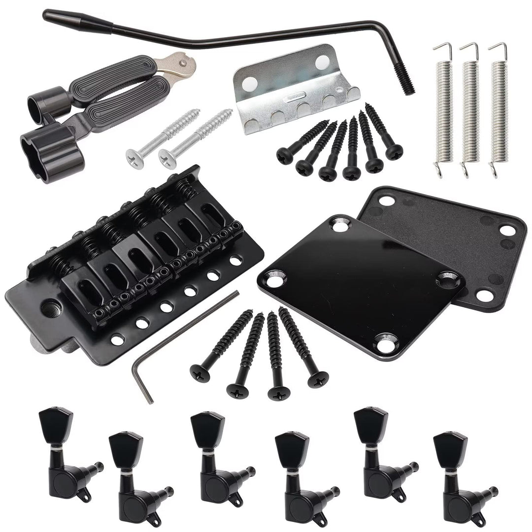 Black 6 Strings Electric Guitar Tremolo Bridge Bar Kit,6R Sealed Gear Tuning Pegs Keys Machine Head with Neck Plate Reinforce Board for Strat Fender Guitar Replacement