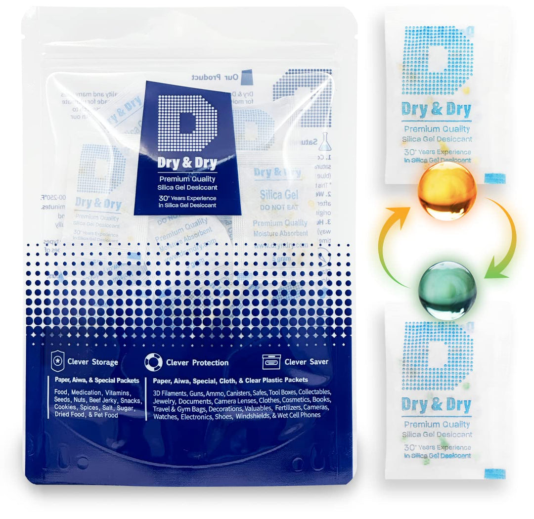Dry &amp; Dry 5 Gram [35 Packets] Premium Pure &amp; Safe Orange Indicating Silica Gel Packets Desiccant Dehumidifiers - Food Safe Silica Packets Silica Gel Moisture Absorbers