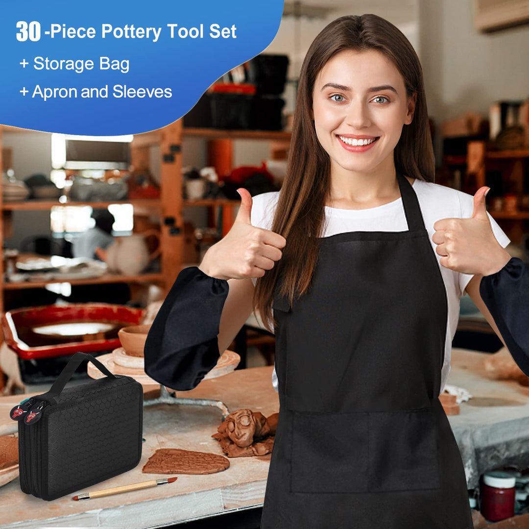 YZNLife Set of 30 Clay Sculpting Tool Wooden Handle Pottery Carving Tool Kit with Carring Bag,Apron and Sleeves for Pottery Modeling, Smoothing, Carving &amp; Ceramics