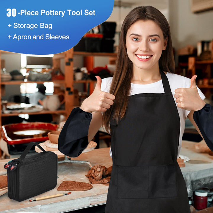 YZNLife Set of 30 Clay Sculpting Tool Wooden Handle Pottery Carving Tool Kit with Carring Bag,Apron and Sleeves for Pottery Modeling, Smoothing, Carving &amp; Ceramics