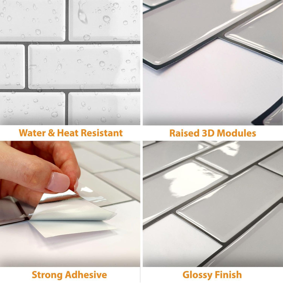 12 Sheets Peel and Stick Kitchen Backsplash Tile Stickers Self Adhesive Stick on Subway Tile 12 x 6 Bathroom Splashback Water Heat Resistant 3D Wall Tiles Gray Glossy