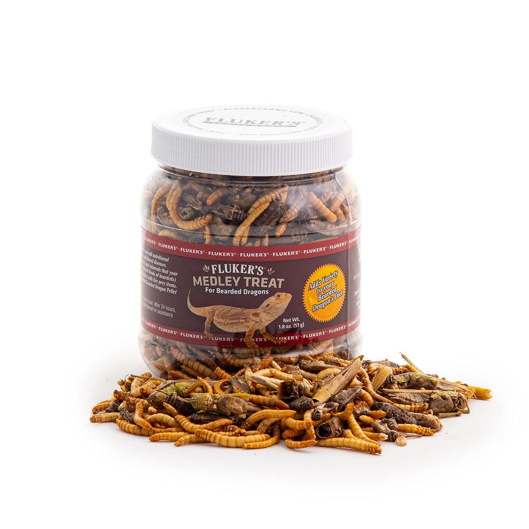 Fluker's Medley Treat for Bearded Dragons, Grasshoppers, Mealworms and Crickets, 1.8 oz