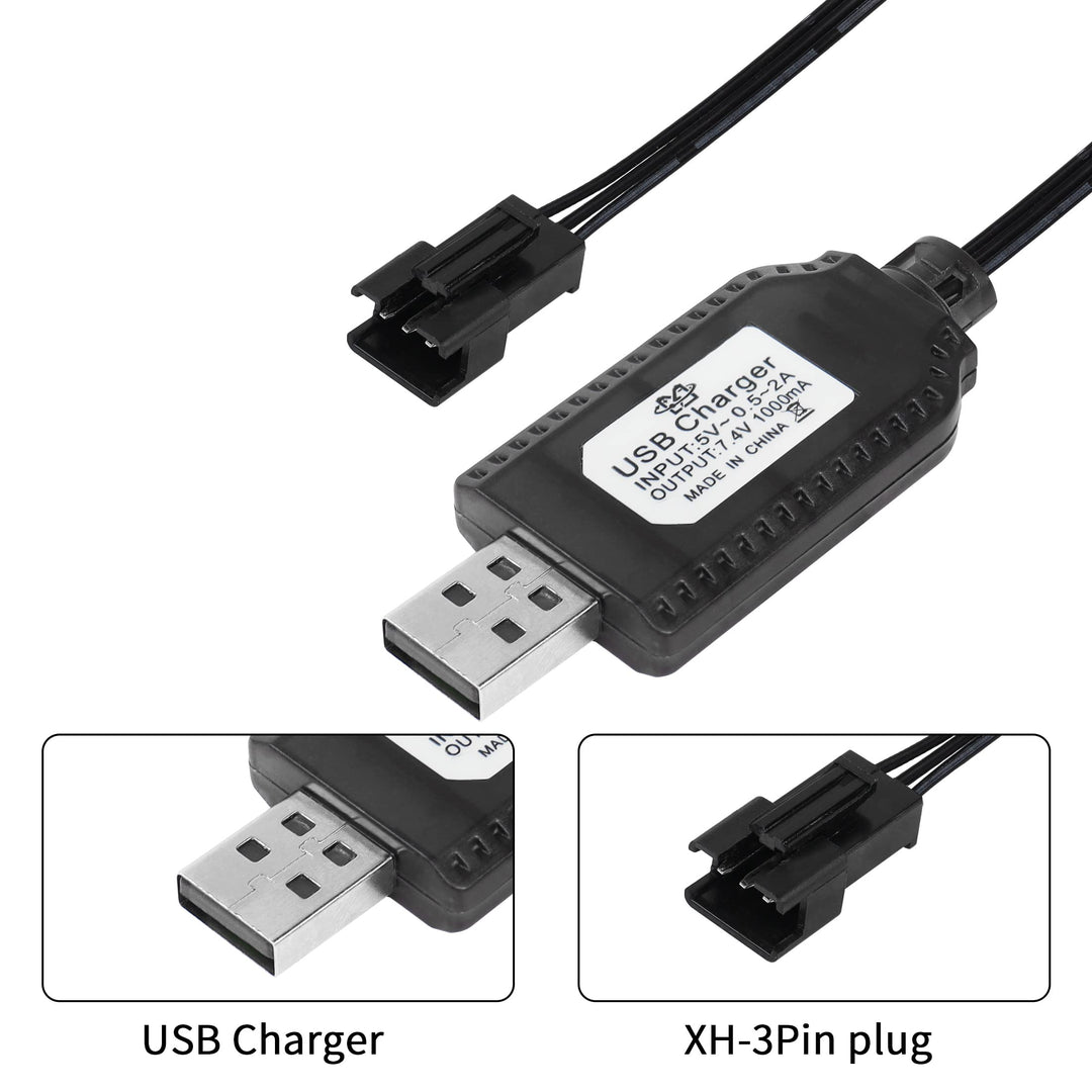 2 Pack 7.4V LiPo Battery USB Charger Cable with SM-3P Plug Connector for RC Model Vehicle Buggy Car Truck Boat