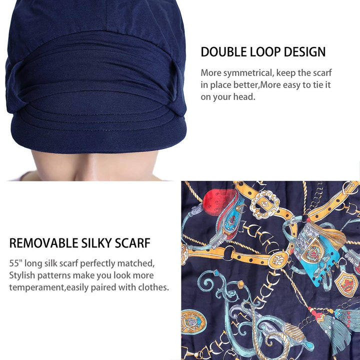 Chemo Hats for Women Bamboo Cotton Lined Newsboy Caps with Scarf Double Loop Headwear for Cancer Hair Loss Navy Blue
