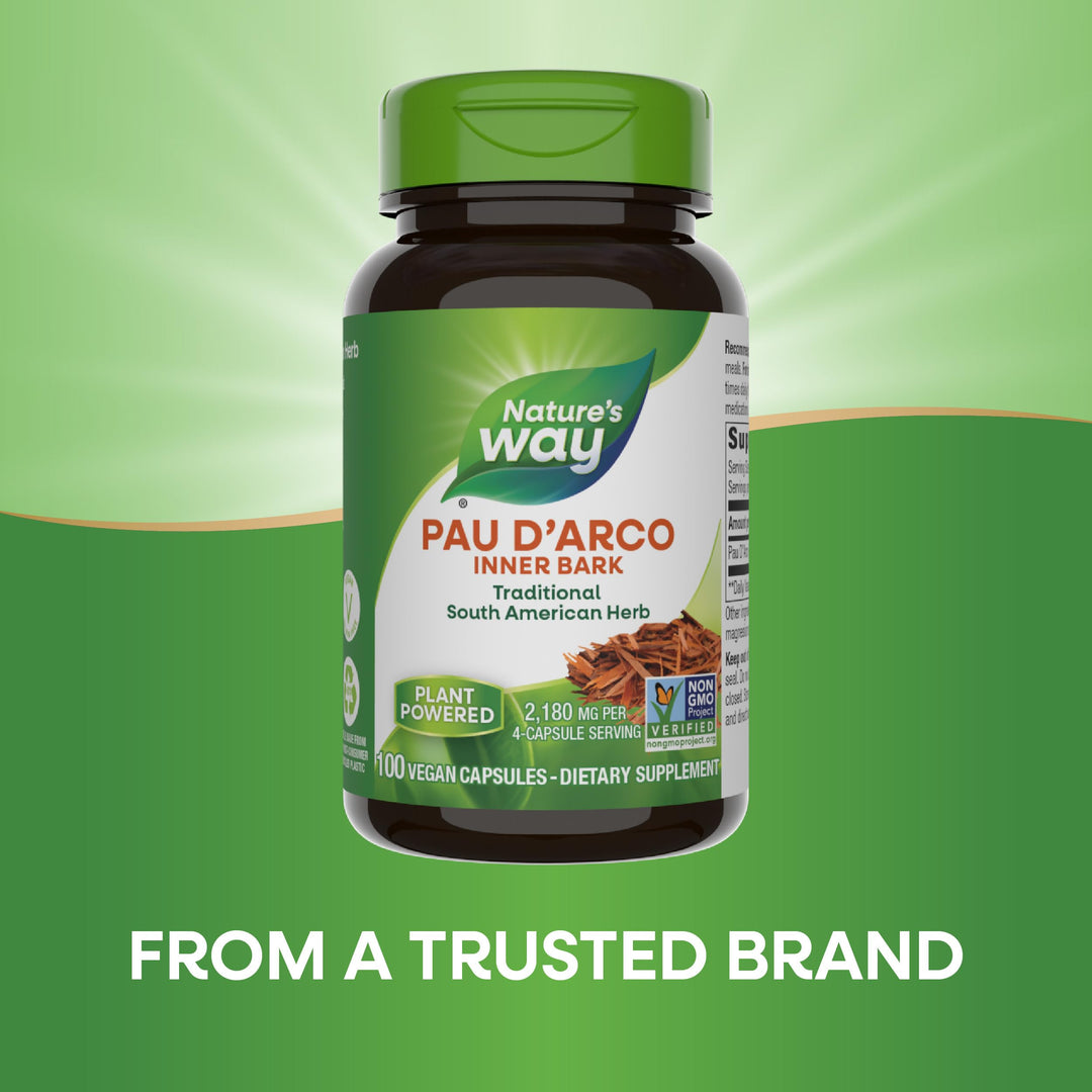 Nature&#39;s Way Pau d&#39;Arco Inner Bark, Traditional South American Herb, 2,180 mg per 4-Capsule Serving, Non-GMO Project Verified, 100 Capsules (Packaging May Vary)