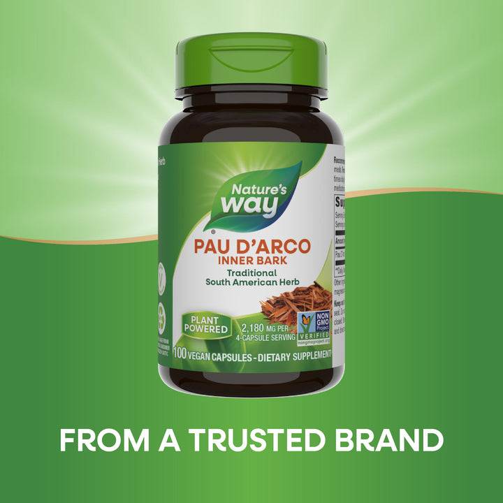 Nature&#39;s Way Pau d&#39;Arco Inner Bark, Traditional South American Herb, 2,180 mg per 4-Capsule Serving, Non-GMO Project Verified, 100 Capsules (Packaging May Vary)