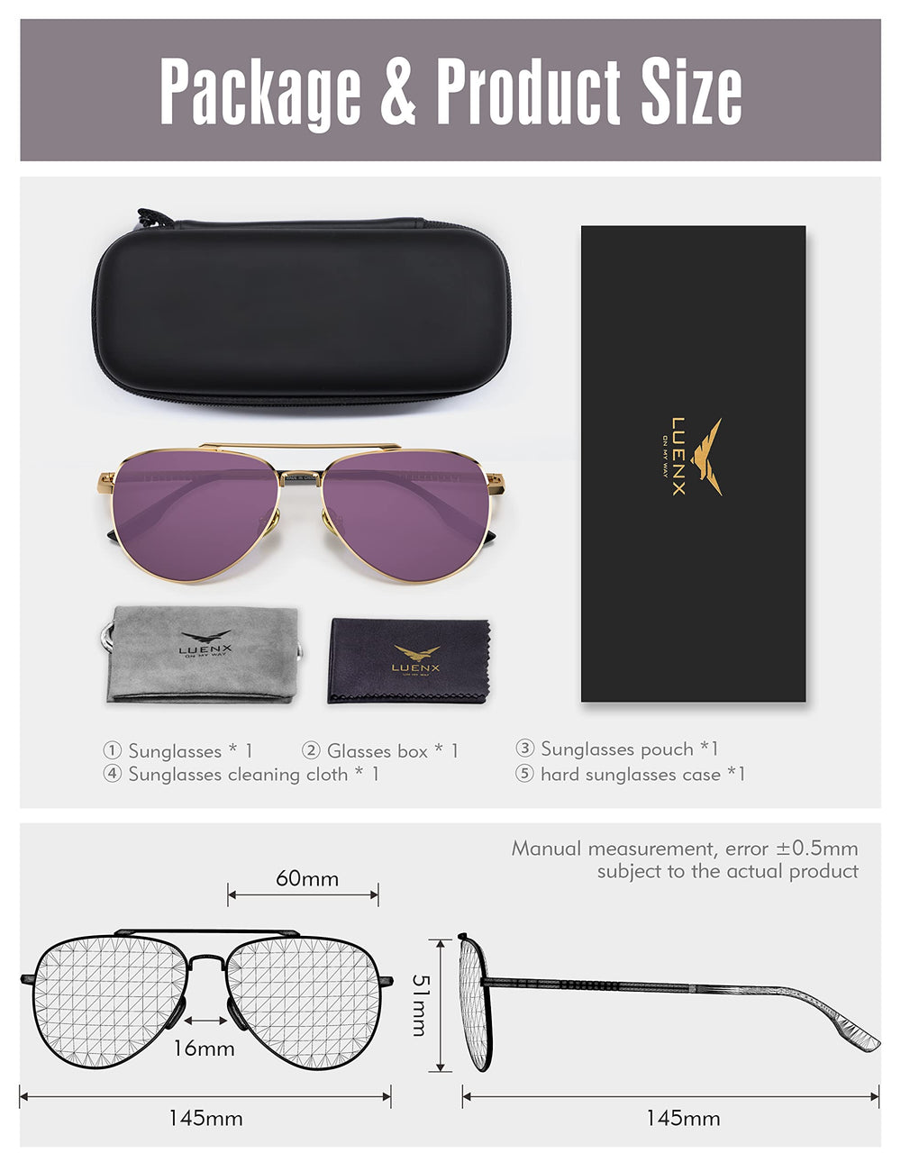 Aviator Sunglasses for Mens Womens Polarized Purple Lens Metal Gold Frame 60mm