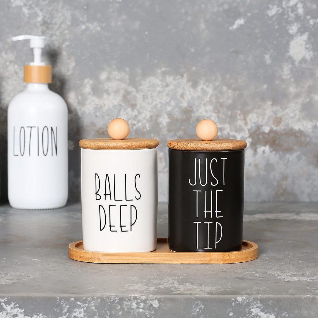 Funny Qtip Holder and Cotton Ball Holder Set for Bathroom Organization. Apothecary Jars with Bamboo Tray are Great for Black and White Bathroom Decor, Rustic Bathroom Decor. (Ceramic&amp;Tray)